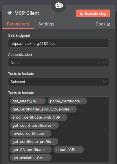Configure n8n automation workflow for mcpki-server